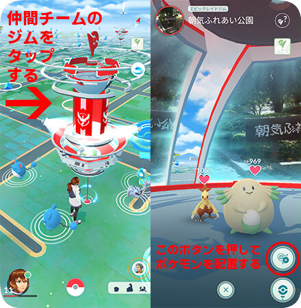 同じチームのジムにポケモンを配置する