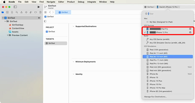 Xcodeで実際のiPhoneをクリックする