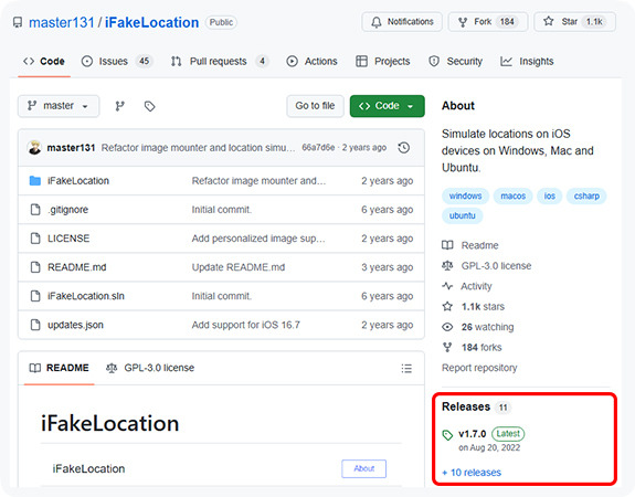 iFakeLocationページのリリースをクリック