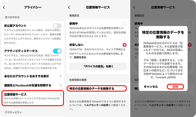 特定のTikTok位置情報データを削除する