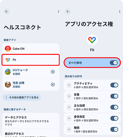 Google Fit 用に全てのアクセス許可を有効にする