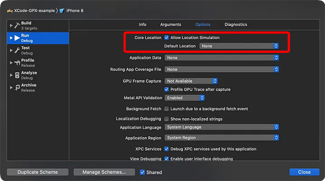 iPhoneシミュレータのデフォルト位置情報を設定する