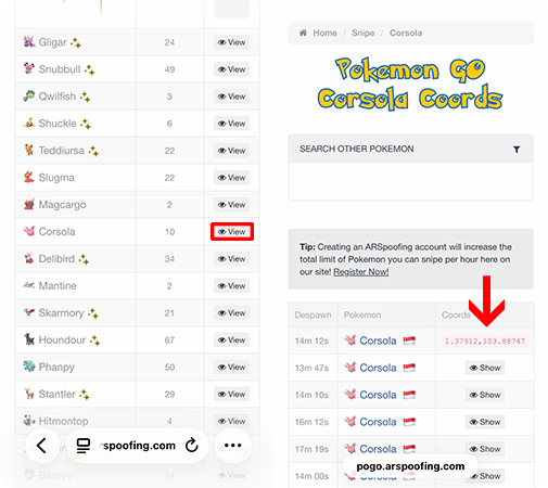 arspoofingでポケモンの座標を確認する